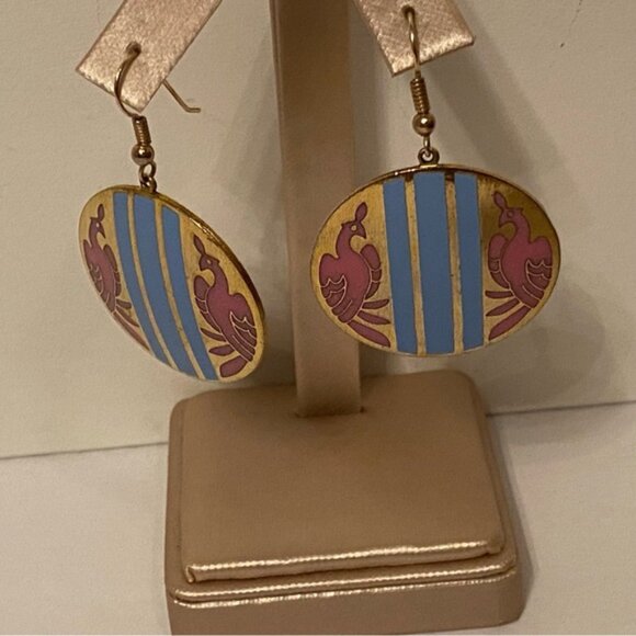 SIGNED ERM EARRINGS PINK DOUBLE PHOENIX BLUE STRIPE GOLD TONE CIRCLE DROP WIRE - Picture 4 of 8